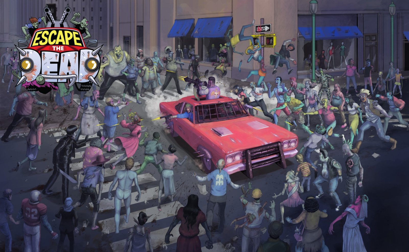 Escape the Dead key art: survivors in a reinforced red car push through a city street packed with the Dead